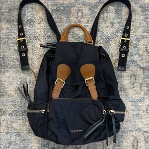 Burberry Black Nylon Backpack with Brown Leather Accents and Gold Hardware